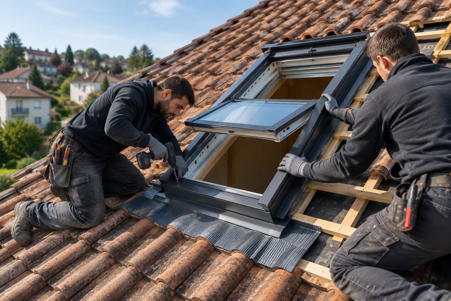 Pose de Velux et fenêtre de toit sur couverture en Haute-Savoie